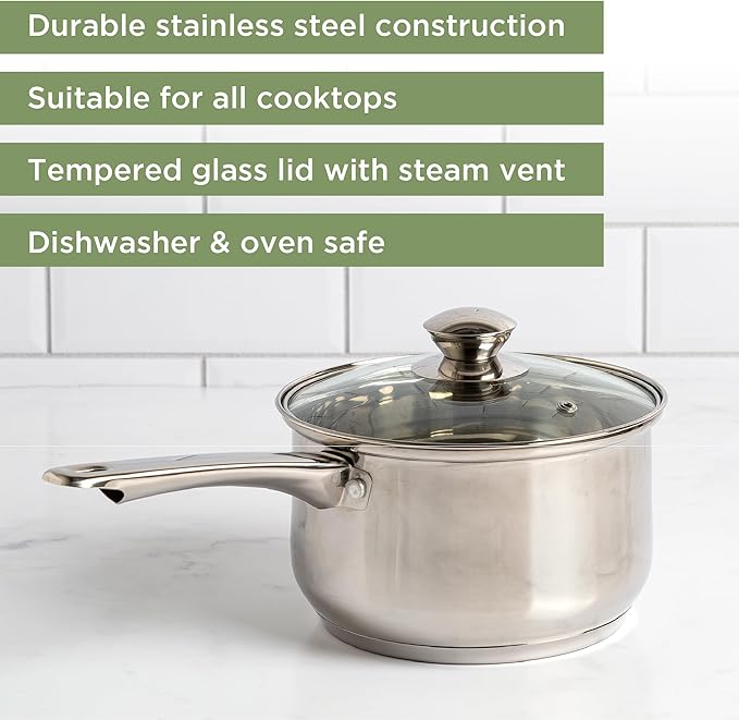 Ecolution Stainless Steel Sauce Pan, Encapsulated Induction Ready Cooking Pot with Glass Lid, Oven Safe, Dishwasher Safe Soup Pot, 3-Quart - Image 2