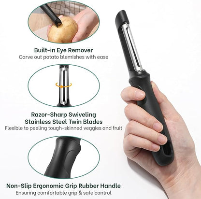 Beneno Swivel Vegetable Peeler, Razor-Sharp Smooth Peeling Potato Peelers with Stainless Steel Blades, Ergonomic Comfort Non-Slip Rubber Handle, Kitchen Peelers with Potato Eye Remover (2, Black) - Image 3