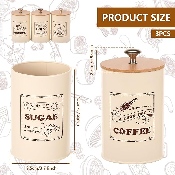 3 Pack Coffee Tea Sugar Container Set with Bamboo Lids Airtight Metal Canister Sets for Kitchen Counter Vintage Coffee Bar Container Set Rustic Farmhouse Kitchen Decor
