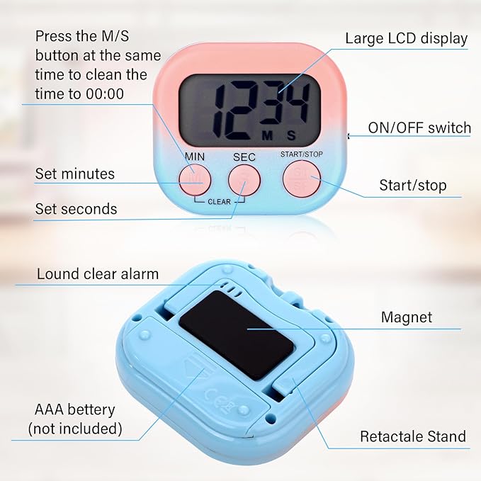Weewooday 24 Pcs Digital Kitchen Timer Magnetic Timer Bulk On/Off Switch Minute Second Count up Countdown Loud Alarm for Exercise Cook Baking (Gradient Color) - Image 3