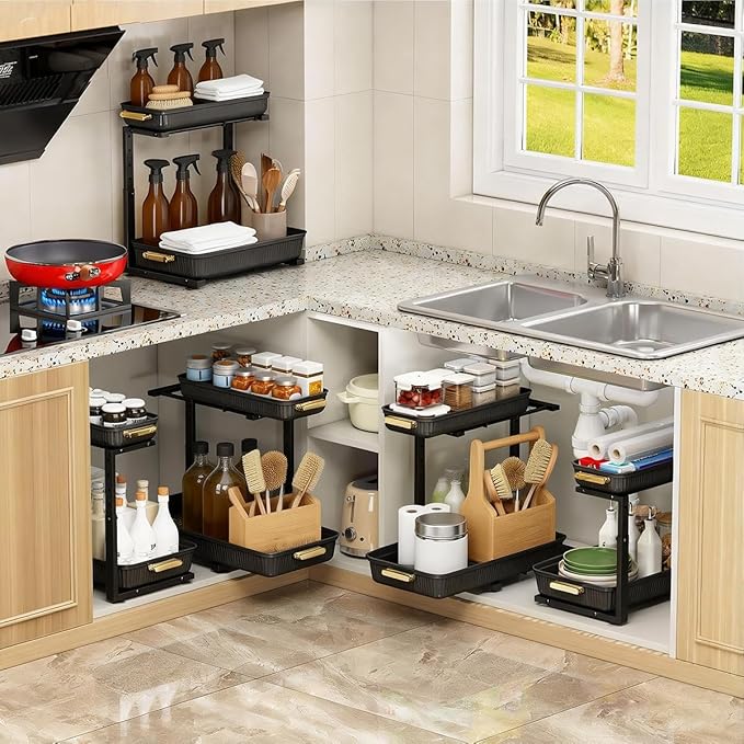 ARSTPEOE Under Sink Organizer - 2 Packs Multi-Purpose Pull-Out Storage Organizers, Slide out Pull out Metal Cabinet Organizer Shelf, Storage for Kitchen Bathroom, Black - Image 6