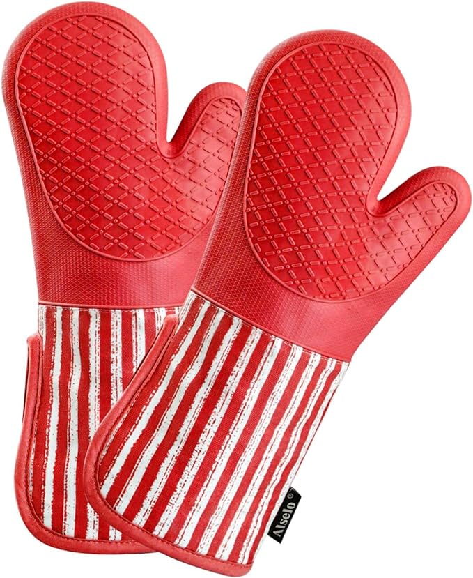Alselo Silicone Oven Mitts Heat Resistant 932℉ with Waterproof & Non-Slip Kitchen Mittens, Set of 2 Extra Long Oven Gloves with Soft Cotton Terry Lining for Baking Cooking Barbecue (2, Red Mitts) by Alselo-Enjoyahealthylife
