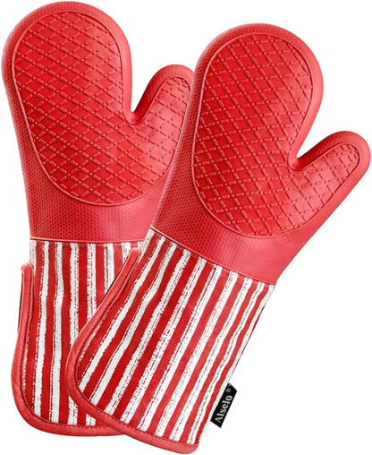 Alselo Silicone Oven Mitts Heat Resistant 932℉ with Waterproof & Non-Slip Kitchen Mittens, Set of 2 Extra Long Oven Gloves with Soft Cotton Terry Lining for Baking Cooking Barbecue (2, Red Mitts) by Alselo-Enjoyahealthylife