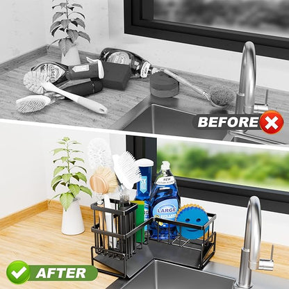 Fikoksol Large Sponge Holder for Kitchen Sink, 90-Degree Sink Caddy Organizer with Dish Brush Holder for Countertop Corner Storage Rack, Metal L-Shaped Kitchen Sink Sponge Soap Organizer Storage Ideas - Image 7