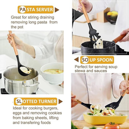 Kitchen Utensils. Set of 3, Silicone Cooking Utensils Set, Turner/Spatula, Spoons with Wooden Handle, Heat Resistant, Nonstick Cookware, Dishwasher Safe, Black
