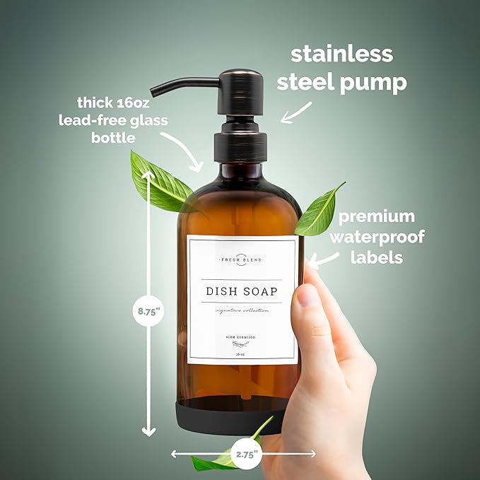 Vine Creations Amber Glass Soap Dispenser, 2 Pack Kitchen Soap Dispenser Set with Stainless Steel Pump, 16 oz Dish Soap and Hand Soap Dispensers for Bathroom with Waterproof Labels - Image 6