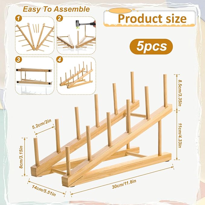 5 Pack Wooden Dish Rack Wooden Plate Stands for Display Multi Tier Plate Holder Cabinet Organizer, Craft Show Vendor Counter Display Rack for Tabletop Book, Art Prints and Platter