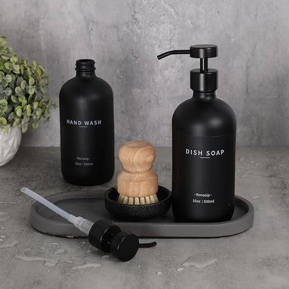 Ronasip Set of 5 Kitchen Soap Dispenser Set 16 Oz Glass Hand Dish Soap Dispenser with Stainless Steel Pump, Cement Tray, Dish Scrub Brush for Farmhouse Rustic Home Bathroom Decor (Black)