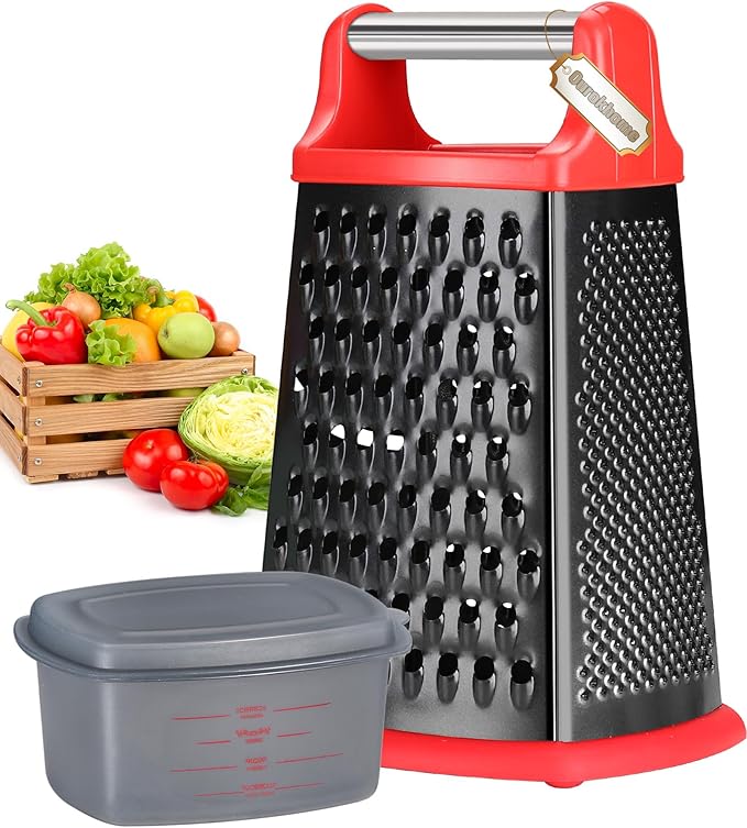 Ourokhome Cheese Grater with Handle, Stainless Steel Box Grater, 4 Side Kitchen Vegetable Shredder Slicer Zester with Container for Parmesan, Cabbage, Ginger, Lemon, Chocolate, Coconut (Red and Black) by Ourokhome