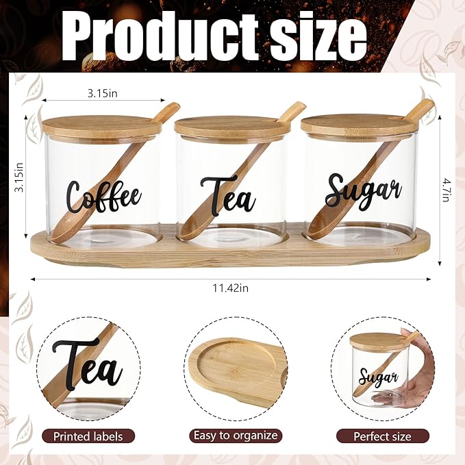 LemonRoad 3 Pack Coffee Sugar Tea Container Set Glass Jars with Bamboo Tray Decorative Container with Lid and Spoon Clear Condiment Jars Storage for Coffee Bar Drink Station Countertop Home Decor - Image 3