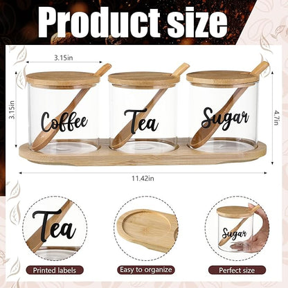 LemonRoad 3 Pack Coffee Sugar Tea Container Set Glass Jars with Bamboo Tray Decorative Container with Lid and Spoon Clear Condiment Jars Storage for Coffee Bar Drink Station Countertop Home Decor - Image 3