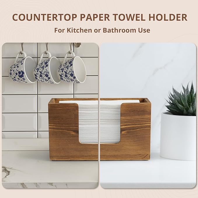 Paper Towel Dispenser Countertop, Burnt Wood Folded Paper Hand Towel Holder for Guest Bathroom, Commercial Tabletop Tissue Dispenser Tray for Multifold C-Fold, Z-Fold, Trifold, 10.31x3.94x6.3 Inches
