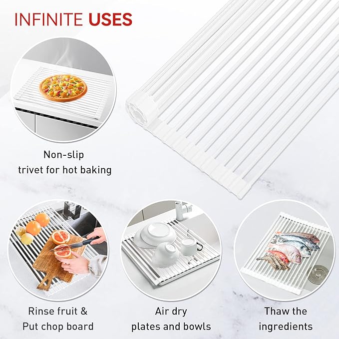 MERRYBOX Roll Up Over The Sink Dish Drying Rack Silicone Wrapped Foldable, Heat-Resistant, Anti-Slip Sink Rack Multipurpose Dish Drainer for Kitchen Sink Counter - White, 17.5" x 11" - Image 6