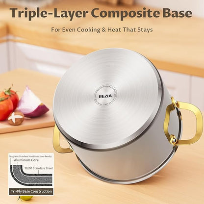 BEZIA 12 Quart Stainless Steel Stock Pot with Lid, 0-Coating Large Soup Pot for Family Gatherings, Tri-ply Even Heat for Holiday Feasts, Batch Cooking & Canning - Image 2