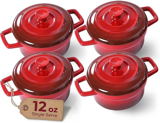 Lareina Mini Cocotte - 12oz Ceramic Casserole Dishes - Kitchen Casserole Sets With Handles And Lid - Small Baking Ramekins - Oven, Microwave & Dishwasher Safe - Set of 4 - Red by Lareina