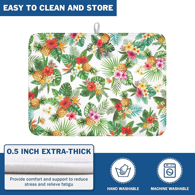 Summer Tropical Dish Drying Mat for Kitchen Counter Hawaii Palm Leaves Floral Pineapple Microfiber Dish Drainer Mat Rustic Absorbent Washable Drying Pad Extra Large 18"x24"