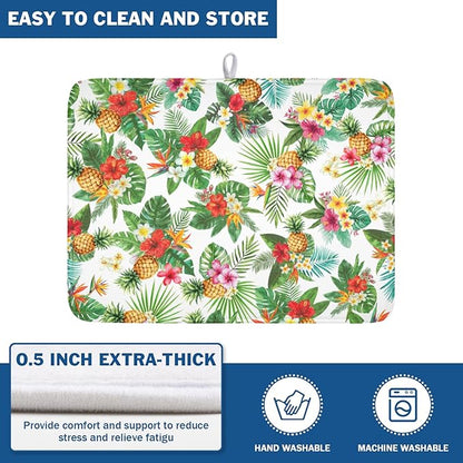 Summer Tropical Dish Drying Mat for Kitchen Counter Hawaii Palm Leaves Floral Pineapple Microfiber Dish Drainer Mat Rustic Absorbent Washable Drying Pad Extra Large 18"x24"