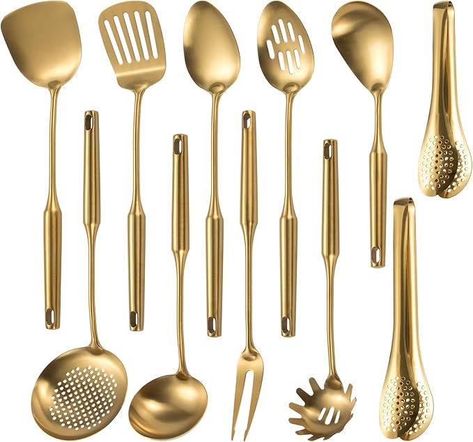 304 Stainlss Steel Matte Kitchen Utensils Set, 11 Pcs Long Metal Cooking Utensil Gadgets Tools Set with Spatula, Spoon, Ladle, Skimmer, Tunner, Pasta Server, Tongs(Gold, Dishwasher Safe) by Lazycorner
