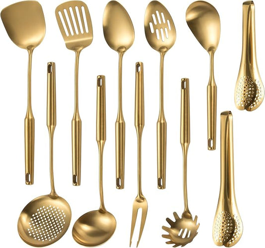 304 Stainlss Steel Matte Kitchen Utensils Set, 11 Pcs Long Metal Cooking Utensil Gadgets Tools Set with Spatula, Spoon, Ladle, Skimmer, Tunner, Pasta Server, Tongs(Gold, Dishwasher Safe) by Lazycorner