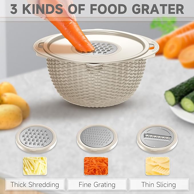 4-1 Colander with Bowl & Spoons Set - Rotatable Colander for kitchen with New Upgraded Graters, Food Strainer(Patented) for Pasta, Fruits, Vegetables, Funny Presents for Women, Beige - Image 3