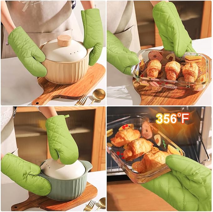 AUAUY Green Oven Mitts, 1 Pair Kitchen Mittens, 392°F Heat Resistant Oven Gloves Non-Slip Kitchen Gloves for Oven, BBQ Gloves-Oven Mitts Infill Cotton Cooking Gloves for Oven Grilling Cooking Baking - Image 6