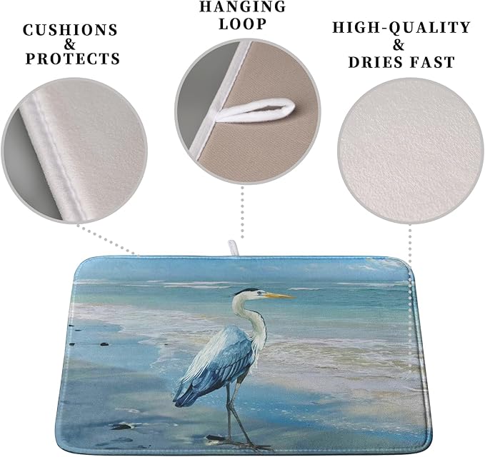 Summer Blue Dish Drying Mat for Kitchen Counter 16x18 Inch Heron Coastal Beach Drying Mats Nautical Ocean Bird Dishes Drainer Mats Microfiber Absorbent Dish Rack Pad - Image 3