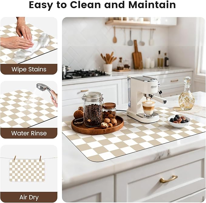 17" x 32" Checkered Dish Drying Mat for Kitchen Counter, Absorbent Coffee Bar Mat for Espresso Machine Coffee Countertops Accessories, Beige - Image 7