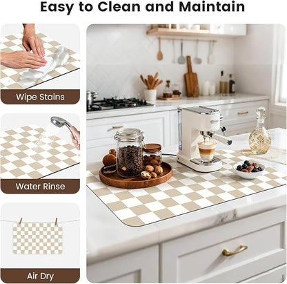 17" x 32" Checkered Dish Drying Mat for Kitchen Counter, Absorbent Coffee Bar Mat for Espresso Machine Coffee Countertops Accessories, Beige - Image 7