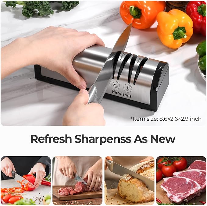 Narcissus Knife Sharpener, Professional 2 Stage Electric Knife Sharpener for Quick Sharpening & Polishing, with Scissors Sharpener and Metal Dust Collection Box, Stainless Steel, Silver - Image 2