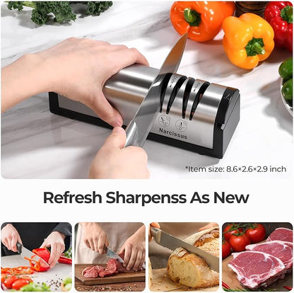 Narcissus Knife Sharpener, Professional 2 Stage Electric Knife Sharpener for Quick Sharpening & Polishing, with Scissors Sharpener and Metal Dust Collection Box, Stainless Steel, Silver - Image 2