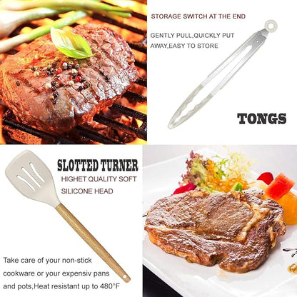 Kitchen Utensils Set- 35 PCs Cooking Utensils with Grater,Tongs, Spoon Spatula &Turner Made of Heat Resistant Food Grade Silicone and Wooden Handles Kitchen Gadgets Tools Set for Nonstick Cookware - Image 3