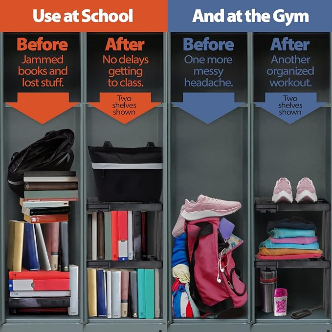 Piffny 2 Pack Locker Organizer Shelf, Adjustable Width and Height, Ideal for School, Office, and Gym Lockers, White, PLKSLF01