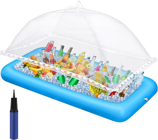 Leitee 3 Pcs Inflatable Serving Bar Kit Includes Salad Buffet Tray with Drain Plug Mesh Food Cover Food Drink Containers and Inflator for Ice Supplies Halloween Party Camping Picnic(Blue)