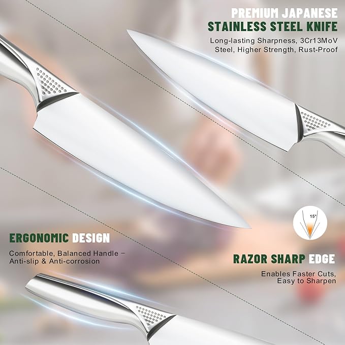 Knife Set, EWFEN 14-Piece Kitchen Knife Set with Block, German Stainless Steel Knives with Built-in Knife Sharpener, Anti-Slip Sharp Knives Set for Kitchen, Dishwasher Safe, Concave-dotted Handle - Image 5