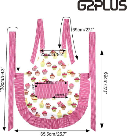 G2PLUS Aprons for Women with Pockets, 29 x 21 Inch Extra Long Ties Cupcake Apron, Pink Vintage Damask Apron for Kitchen Cooking, Baking and Gardening