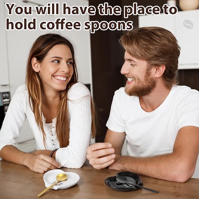 FoldTier 2 Pcs Ceramic Coffee Spoon Rest with Spoon Small Heart Black White Stirrer Holder Bar Station Accessories Decoration Lover Housewarming Gift (Coffee Then I Start My Heart) - Image 5