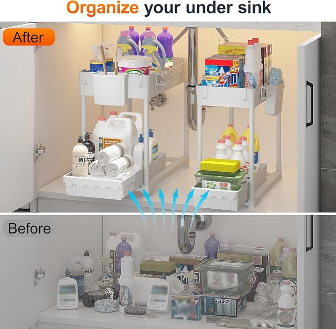 Sevenblue Under Sink Organizer, Bathroom Organizers and Storage, 2 Tier Multi-Use Pull Out Cabinet Organizer with Hang Hooks and Cups (White, 4 Pack) - Image 3