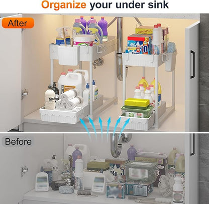 Sevenblue Under Sink Organizer, Bathroom Organizers and Storage, 2 Tier Multi-Use Pull Out Cabinet Organizer with Hang Hooks and Cups (White, 4 Pack) - Image 3