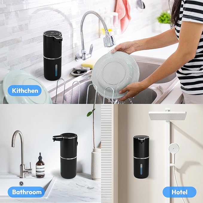 2 Pack Automatic Soap Dispenser Touchless,Liquid Hand Soap Dispenser 12.8oz Electric Wall Mounted Smart for Bathroom and Kitchen Dish Soap，Easy for Toddlers(Black) - Image 9