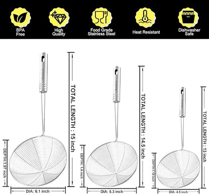 Anaeat Stainless Steel Spider Skimmer, Set of 3 Professional Kitchen Pasta Strainer Spoon with Long Handle - Asian Strainer Ladle Wire Skimmer Spoons for Cooking and Frying (4.5"+5.3"+6.1")