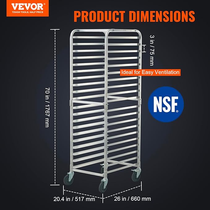 VEVOR Bun Pan Rack, 20-Tier Commercial Bakery Racks with Brake Wheels, Aluminum Racking Trolley Storage for Half & Full Sheet, Speed Rack For Kitchen Home, Bread Baking Equipment, 26"L x 20.4"W x 70"H - Image 2