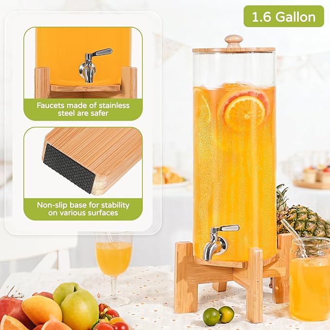 MOBYKE 2 PCS 1.6 Gallon Drink dispenser, Large Water Glass Beverage Dispenser With Wood Stand for Parties With Stainless Steel Spigot, Ideal for Lemonade,Juice, Tea, and Party Drinks