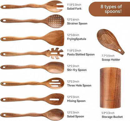 Wooden Spoons for Cooking, 10 Pcs Wood Utensils Set with Spoon Rest & Holder, Nonstick, Non Scratch, Easy Clean, Natural Teak Wooden Cookware for Cooking for Mom Wife Kitchen Gifts