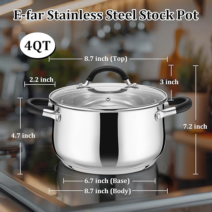 E-far 4 Quart Stockpot, Stainless Steel Pot with Visible Lid for Cooking Soup Pasta, Tri-Ply Thick Base for Induction Gas, Small Cooking Pot with Dual Heat Proof Handles, Non-Toxic & Dishwasher Safe - Image 3