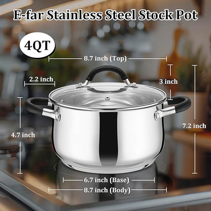 E-far 4 Quart Stockpot, Stainless Steel Pot with Visible Lid for Cooking Soup Pasta, Tri-Ply Thick Base for Induction Gas, Small Cooking Pot with Dual Heat Proof Handles, Non-Toxic & Dishwasher Safe - Image 3