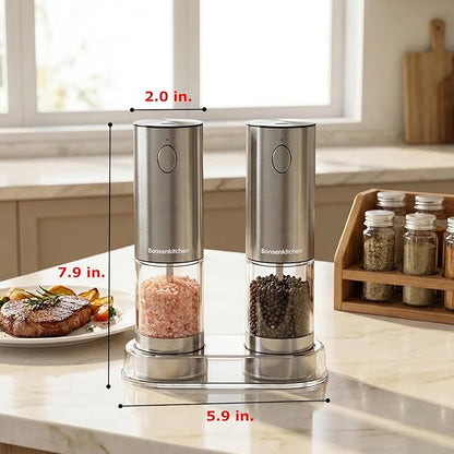 Bonsenkitchen Electric Salt and Pepper Grinder Set Rechargeable, 95ml Large Capacity Salt Shaker with LED Light, USB-C Fast Charging Automatic Pepper Mill with 5 Adjustable Coarseness for Kitchen, BBQ - Image 7