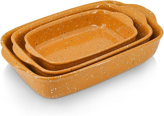 Ceramic Baking Dish Set of 3, Casserole for Oven,Rectangular Bakeware Dishes with Handles,Lasagna Pan Deep,Handcraft Speckle Stoneware Series (13.8''/12''/9.6''Orange) by Krokori