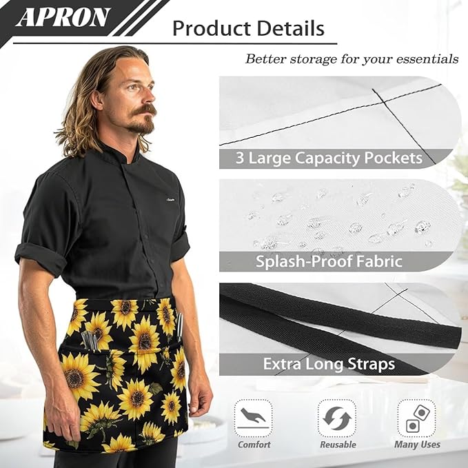 Server Apron with 3 Pockets, Waterproof Oil Waitress Waiter Half Apron for Restaurant Hotel Kitchen Cafe