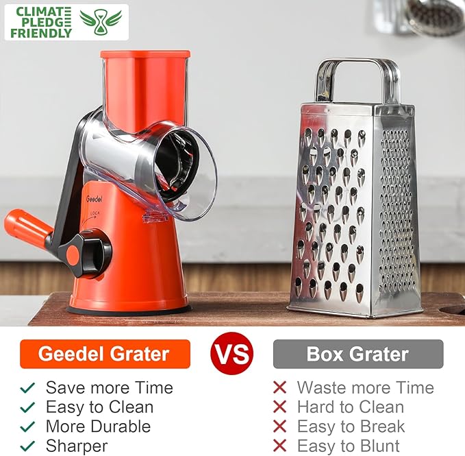 Geedel Rotary Cheese Grater, Kitchen Mandoline Vegetable Slicer with 3 Interchangeable Blades, Easy to Clean Rotary Grater Slicer for Fruit, Vegetables, Nuts - Image 2