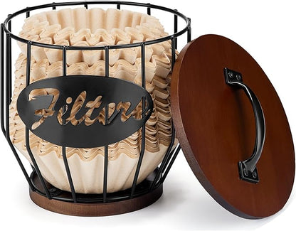 Yangbaga 8-12 Cup Coffee Filters Holder with Wood Lid,Large Capacity Coffee Filter Storage Canister Container Basket,Black Wire K Cup Storage Basket,Coffee Bar Accessories decor by Hanber